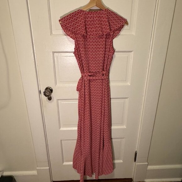 Max Studio Women's Ruffle Crepe High/Low Wrap Red and White Print Midi Dress - Picture 3 of 7